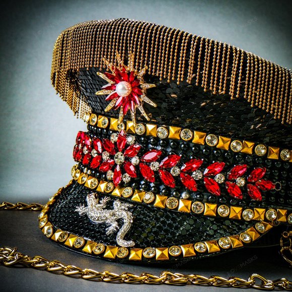 Black Military Captain Hat with Rhinestone and Gold chain For Burning Man Party - Picture 7 of 8